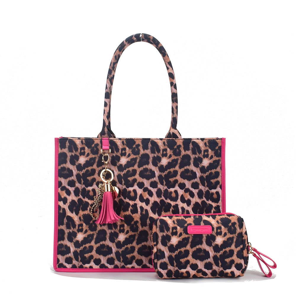 Queen of Hearts Book Tote Set in Leopard with Pink Trim
