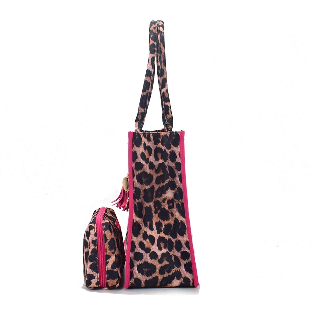 Queen of Hearts Book Tote Set in Leopard with Pink Trim