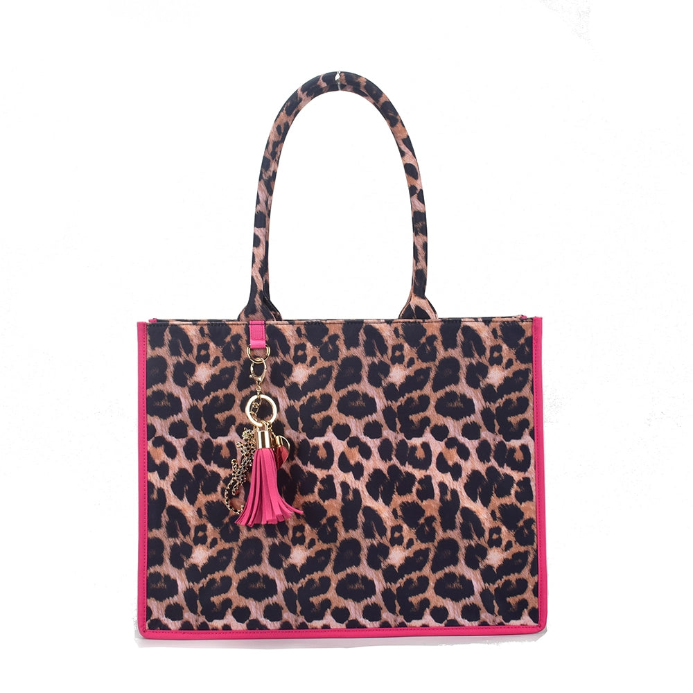 Queen of Hearts Book Tote Set in Leopard with Pink Trim