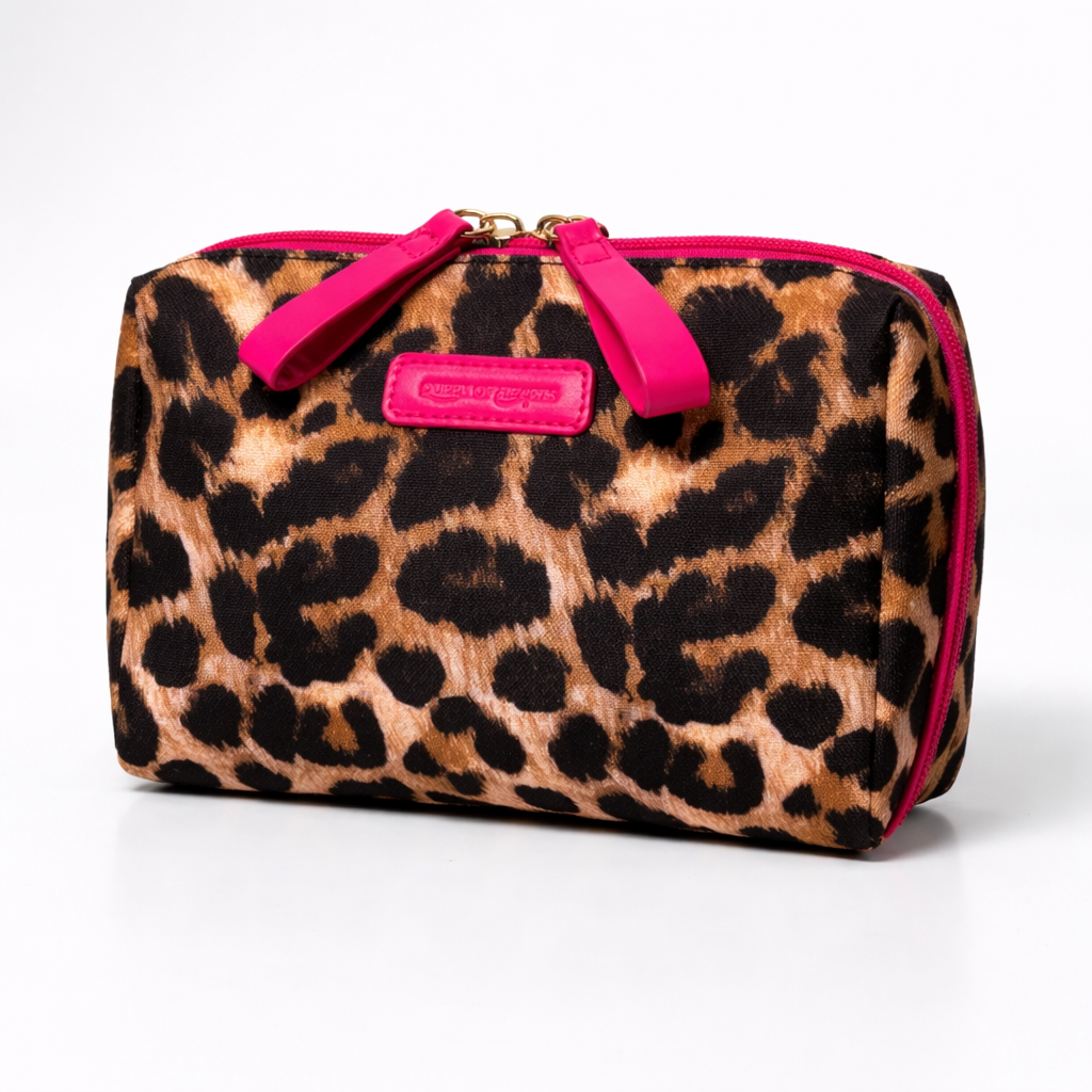 QUEEN OF HEARTS COSMETIC BAG IN LEOPARD WITH PINK TRIM