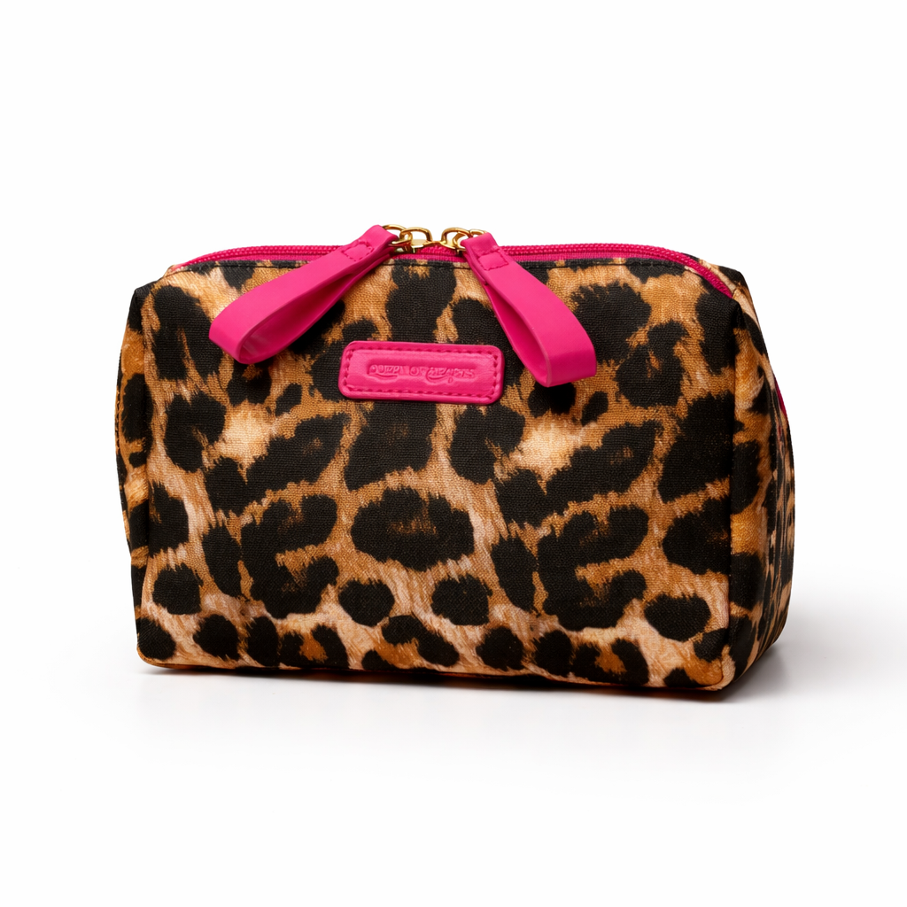 QUEEN OF HEARTS COSMETIC BAG IN LEOPARD WITH PINK TRIM