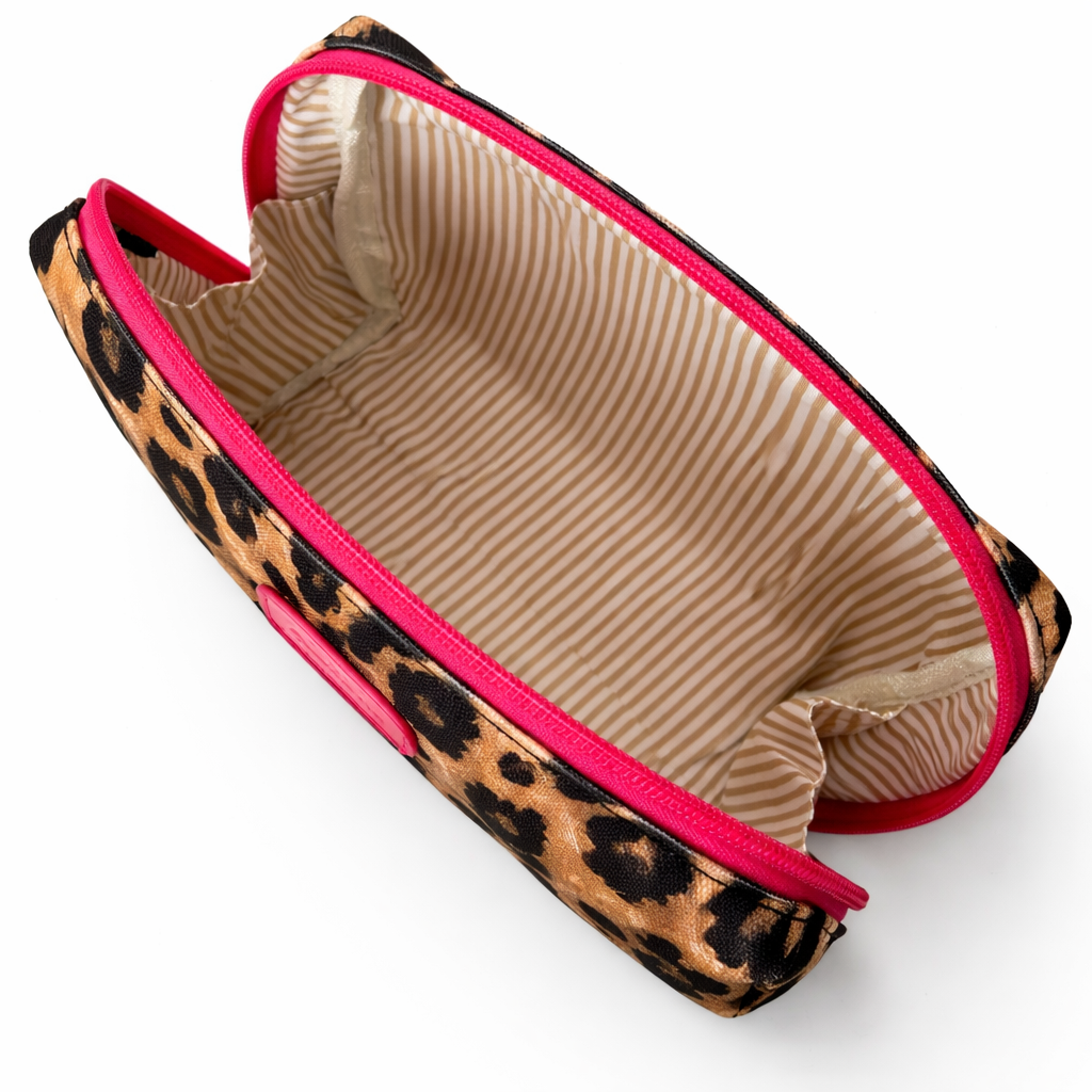 QUEEN OF HEARTS COSMETIC BAG IN LEOPARD WITH PINK TRIM