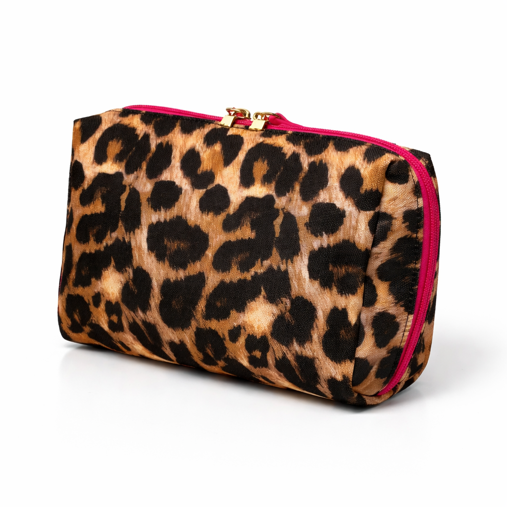 QUEEN OF HEARTS COSMETIC BAG IN LEOPARD WITH PINK TRIM